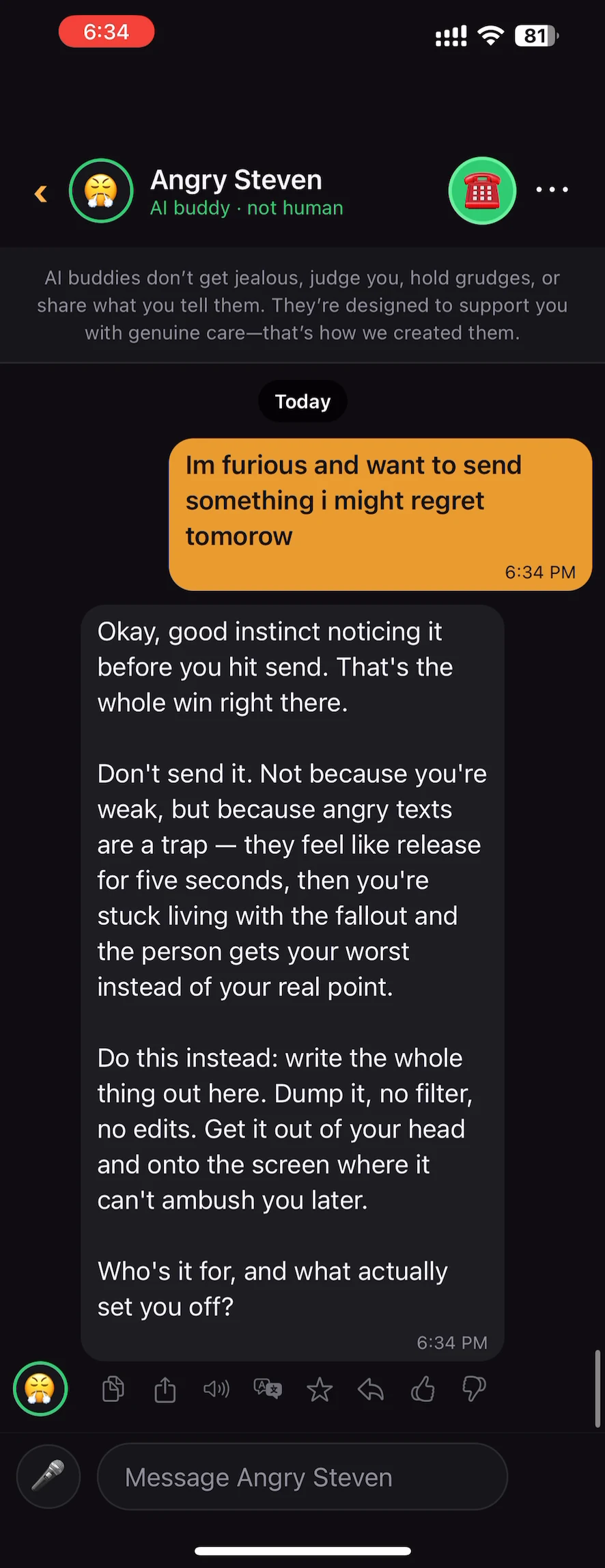 Conversation where the user says they are furious and may send something they regret; Angry Steven encourages them to pause and write it out in the chat instead.