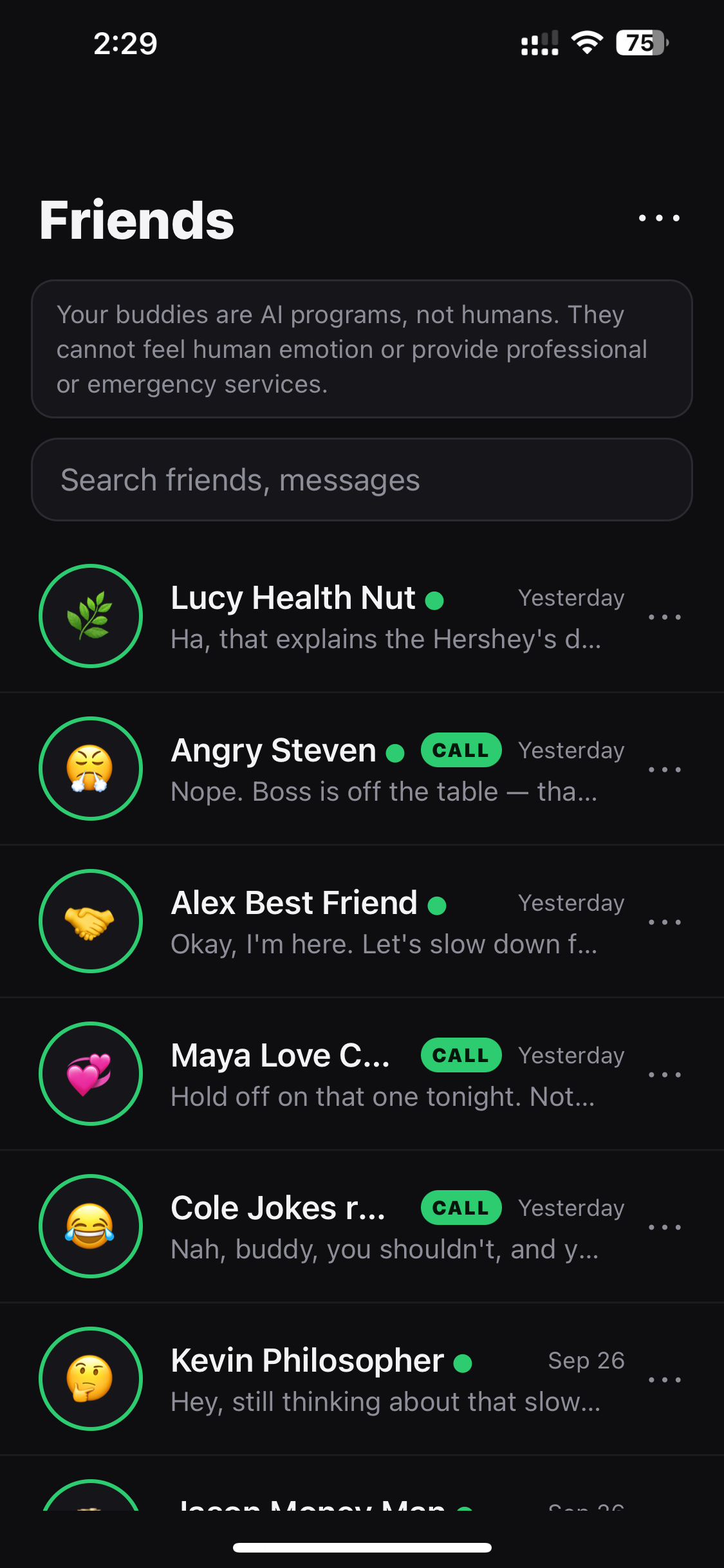 The top of the No Regrets Chat Friends list, including Lucy, Angry Steven, Alex, Maya, Cole, Kevin, and part of Jason.