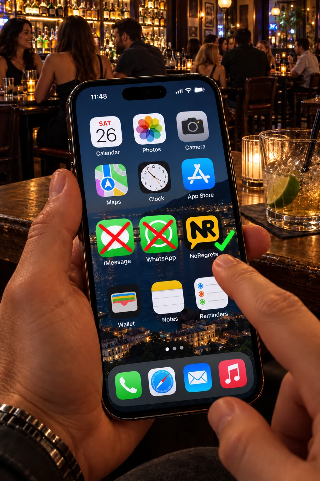 A person at a bar choosing NoRegrets on an iPhone, with iMessage and WhatsApp crossed out and a green check beside NoRegrets.